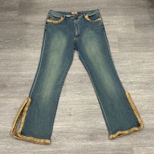 Y2K Vintage Blue Jeans with Tan Fur Trim Size XL